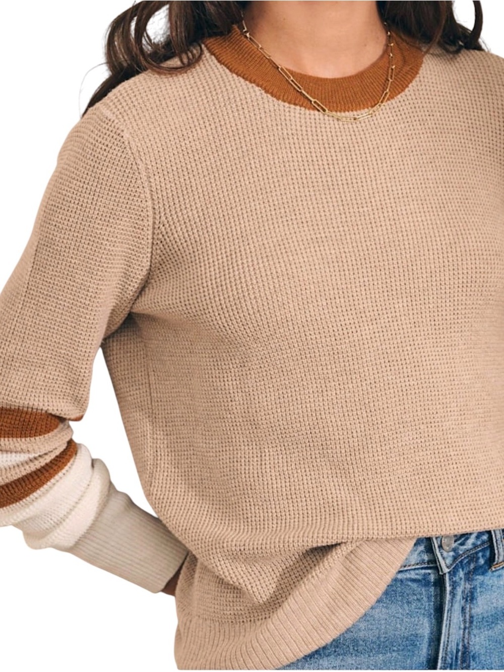 FAHERTY Throwback Crew Neck Waffle Knit Sweater in Tan Oat Varsity Stripe Small - Picture 2 of 11